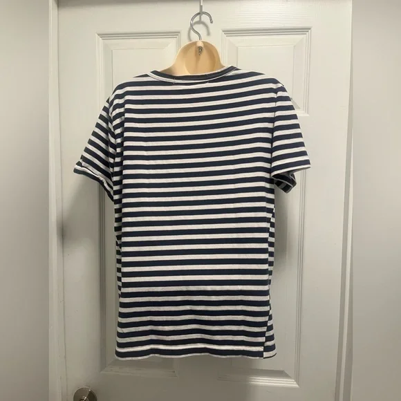 PLAY Comme des Garçons Navy White Striped T-shirt  red heart patch logo-L-EUC - Picture 8 of 10
